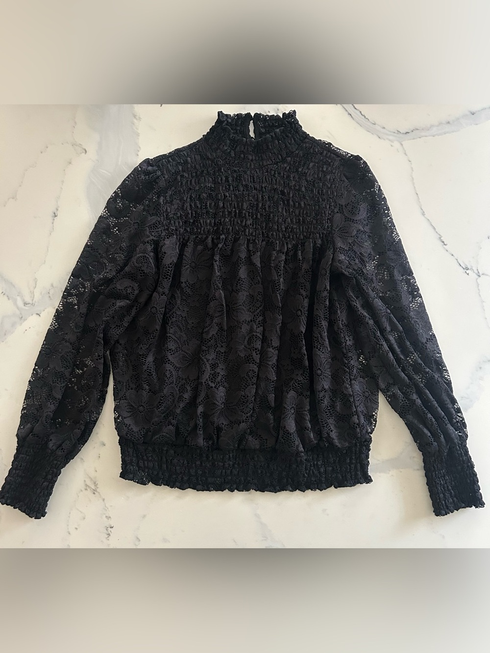 Cable and Gauge Black Lace Smocked High-Neck Blouse - Women Tops